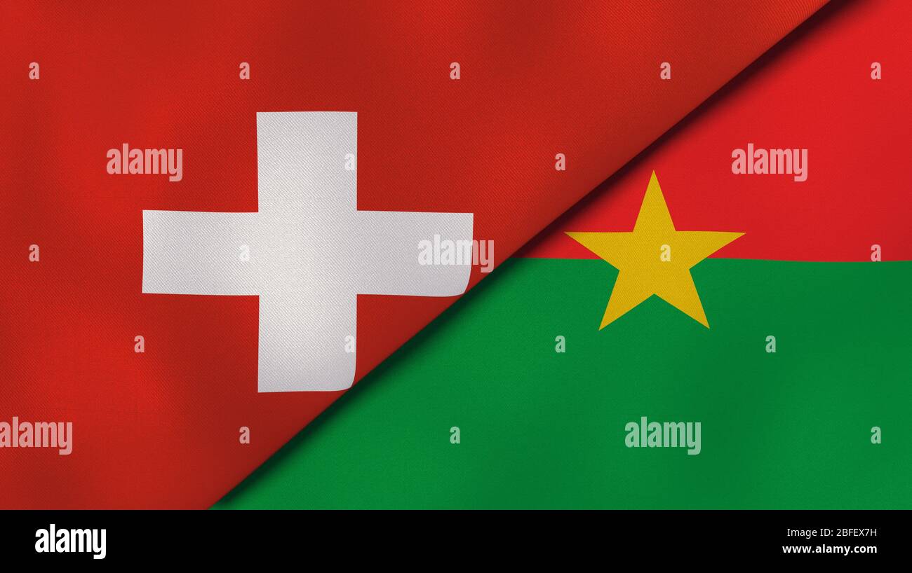 Two states flags of Switzerland and Burkina Faso. High quality business background. 3d illustration Stock Photo