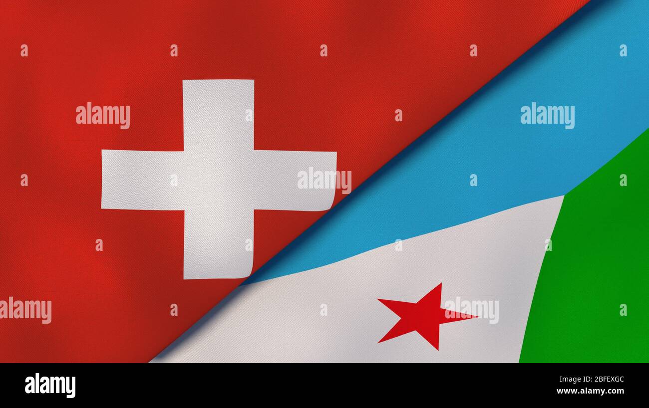 Two states flags of Switzerland and Djibouti. High quality business background. 3d illustration Stock Photo