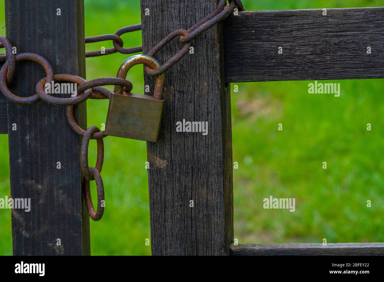 Old Rusty Chain and Padlock on Gate Stock Photo