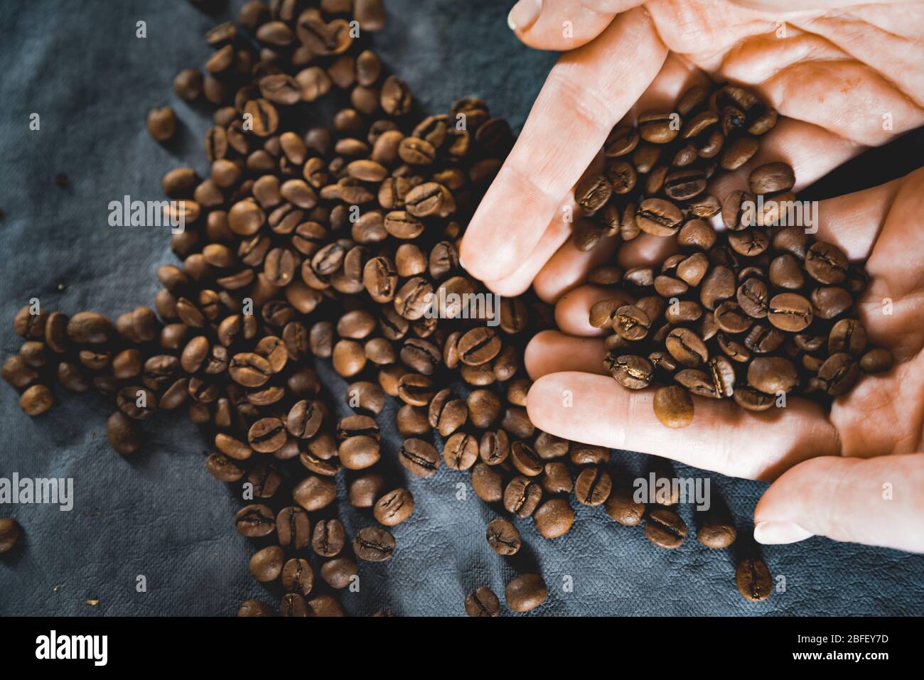 Top view of dark roast coffee beans scattered on dark background and ...