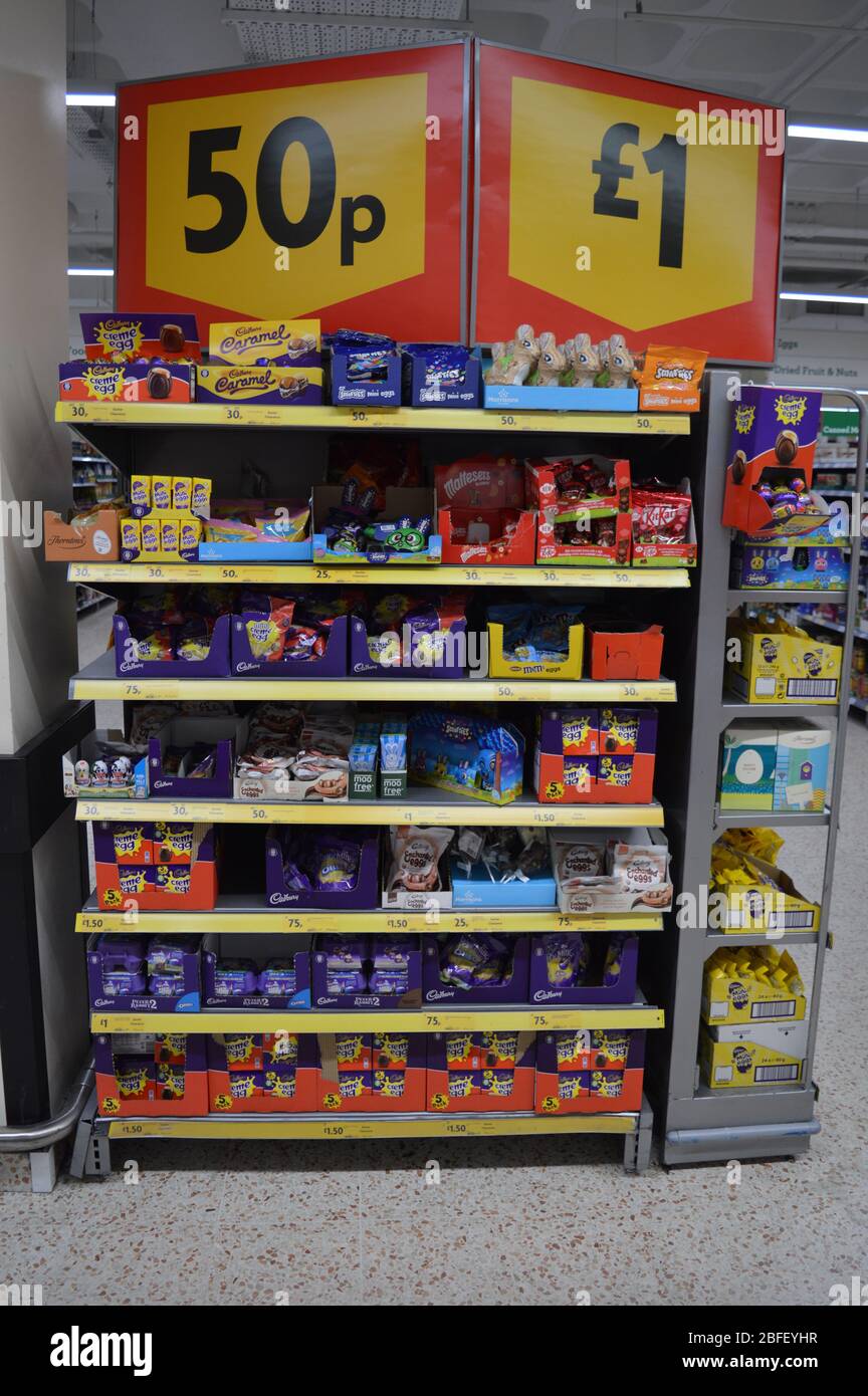 London, UK. 18 April, 2020. Morrisons slashes their prices on surplus stock of Easter Eggs as they struggle to shift huge amounts off their shelves. Stock Photo