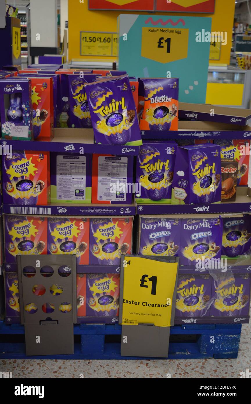 London, UK. 18 April, 2020. Morrisons slashes their prices on surplus stock of Easter Eggs as they struggle to shift huge amounts off their shelves. Stock Photo