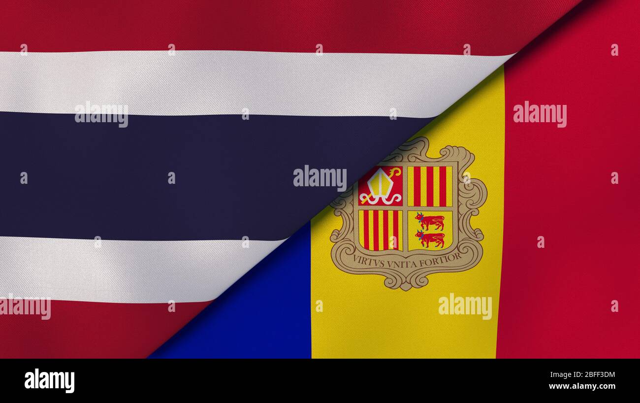 Two states flags of Thailand and Andorra. High quality business background. 3d illustration Stock Photo