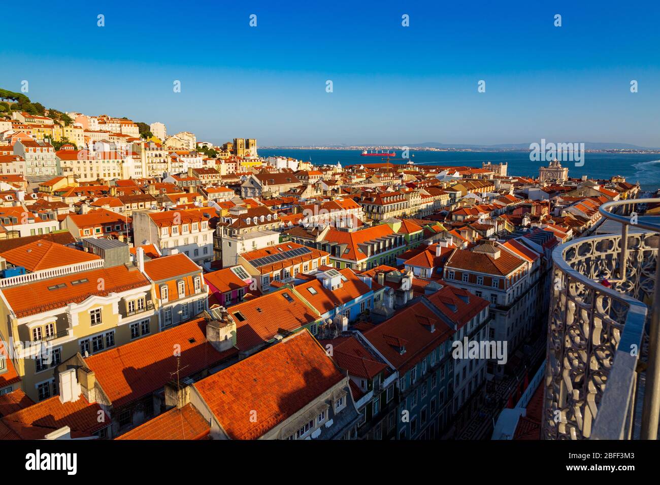 Sunset panorama of historical Baixa District seen from Santa Justa Lift in city of Lisbon, Portugal Stock Photo