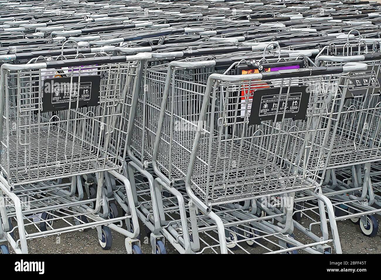 Dozens of empty supermarket shopping carts behind a Stop & Shop in the