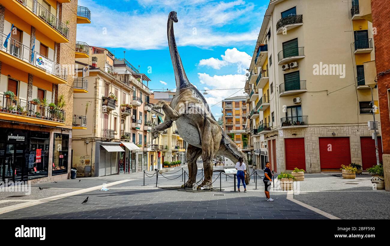 Italy Calabria Cosenza - Corso Mazzini - Show dinosaurs at the Mab - Museo All'Aperto Bilotti Stock Photo