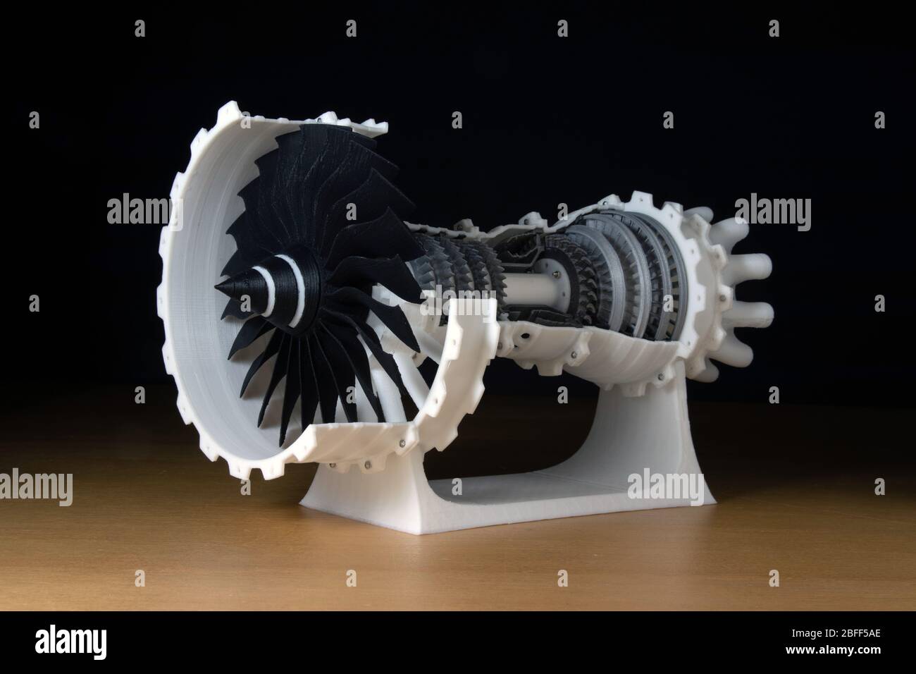3d printed jet engine scale model. High bypass aircraft turbofan plastic replica. Stock Photo