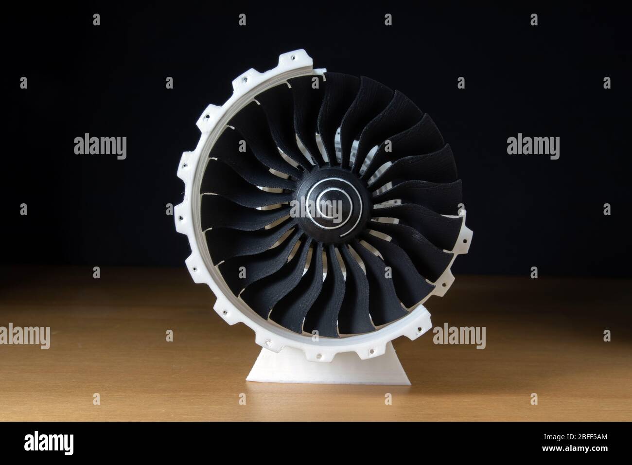3d printed jet engine scale model. High bypass aircraft turbofan plastic replica. Stock Photo