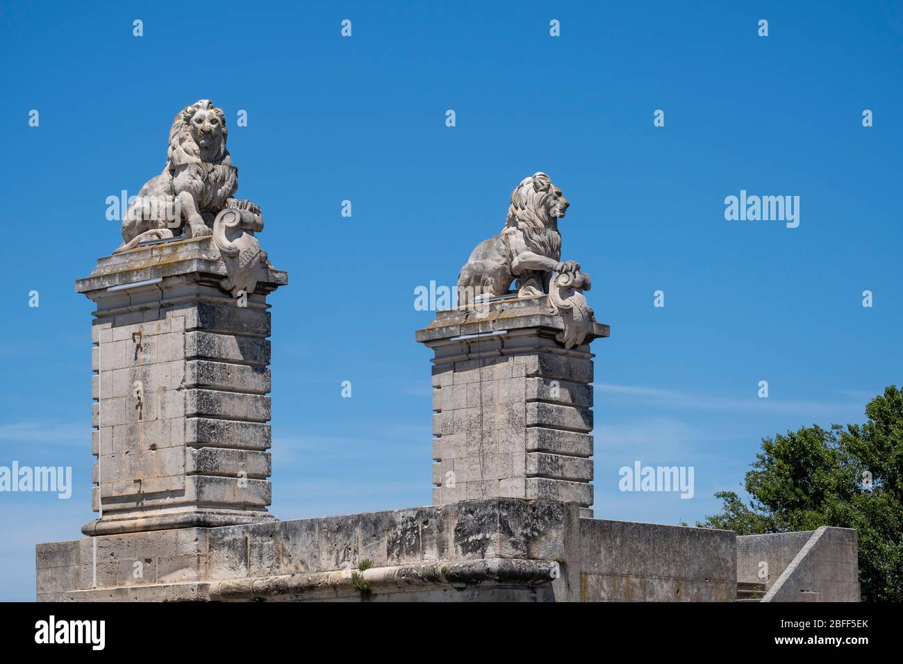 Lion statues at the entrance to the Bridge of Lions aka Pont aux Lions in Arles, France, Europe Stock Photo