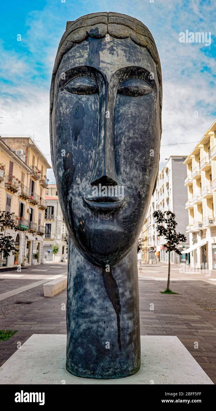 Italy Calabria Cosenza - Corso Mazzini - Mab - Museo all'Aperto Bilotti - Opera By Amedeo Modigliani Testa di cariatide ( Caryatid head ) Stock Photo