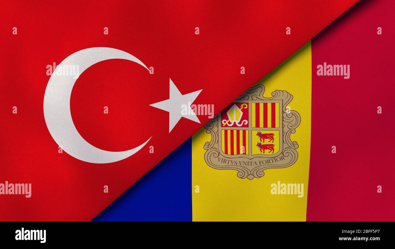 Two states flags of Turkey and Andorra. High quality business background. 3d illustration Stock Photo