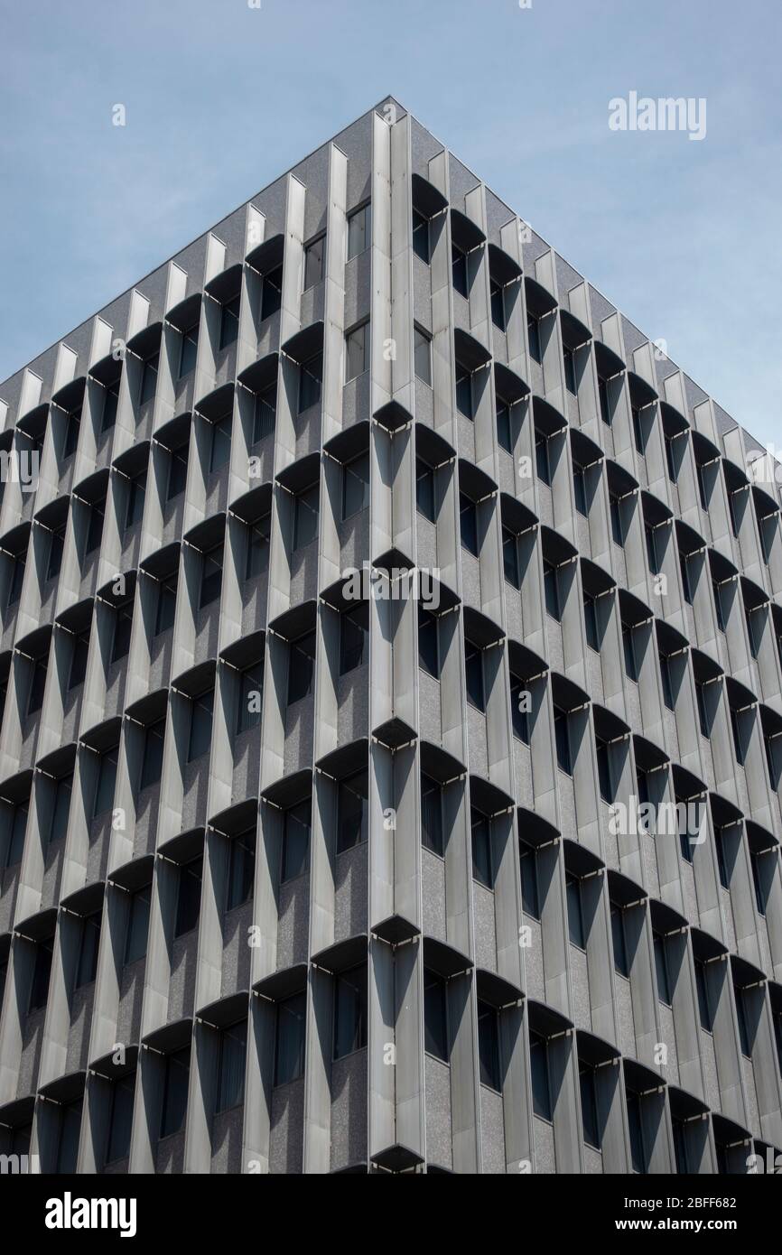 Drab gray flat anonymous architecture shots of blocky office retro brutalist 60s office towers in downtown Los Angeles Stock Photo