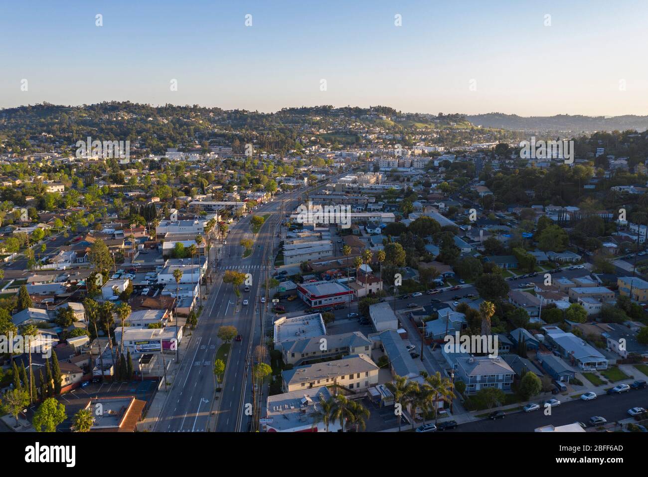 Aerial view above Eagle Rock Boulevard in Los Angeles at sunset Stock Photo