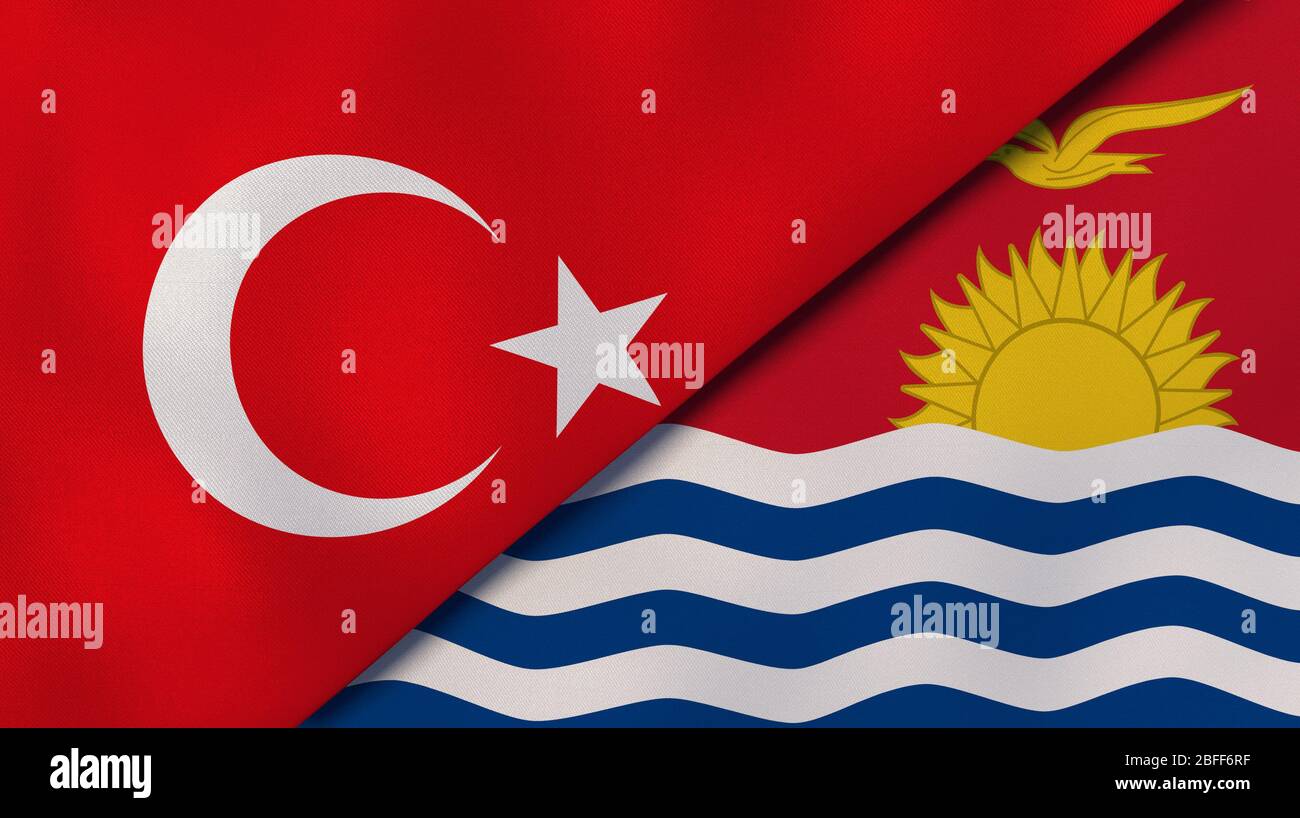 Two states flags of Turkey and Kiribati. High quality business background. 3d illustration Stock Photo