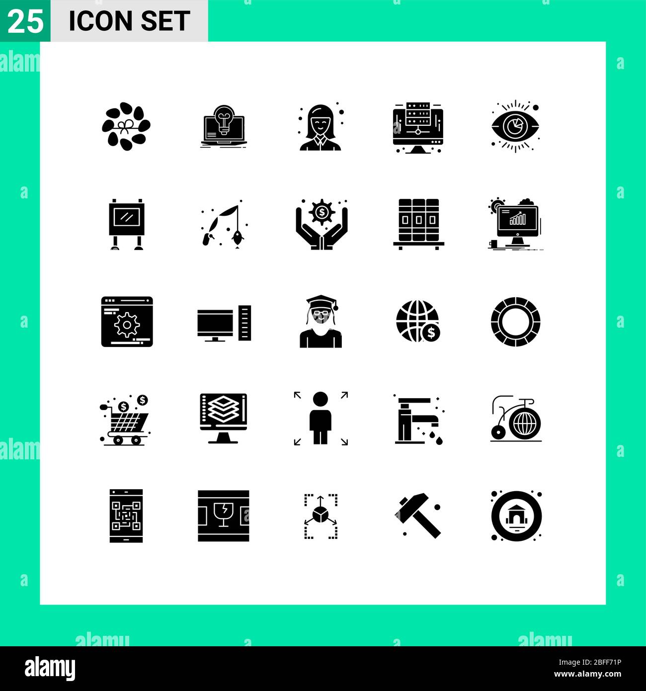 Pictogram Set of 25 Simple Solid Glyphs of eye, database, file, digital, woman Editable Vector Design Elements Stock Vector