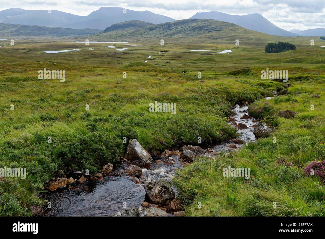 Meall Beag (476M) & Meall Mor (492M) with Lochan na h-Achlaise and River Bà, Rannoch Moor, Highland, Scotland, UK  viewed from West Highland Way Stock Photo
