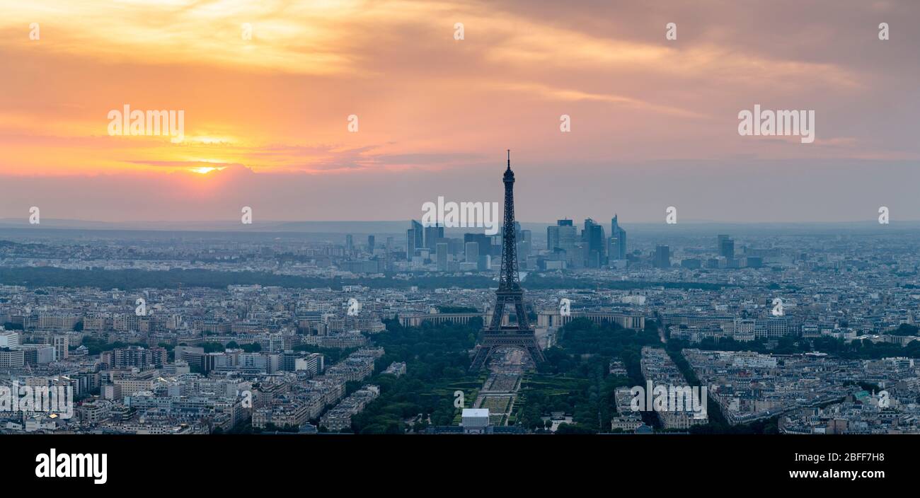 Panoramic view of the Eiffel Tower and Parc de la Tour Eiffel at sunset, as seen from Tour Montparnasse, Paris Stock Photo