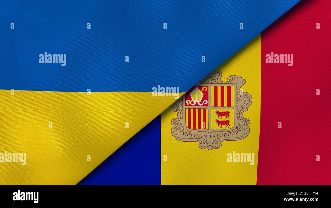 Two states flags of Ukraine and Andorra. High quality business background. 3d illustration Stock Photo