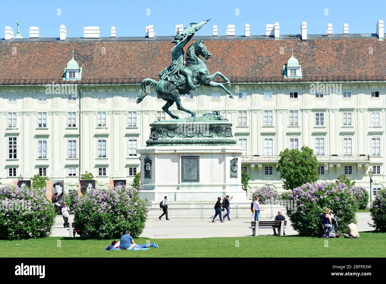 Vienna, Austria. Equestrian statue of Archduke Karl with the Hofburg in the background on Heroes Square Stock Photo