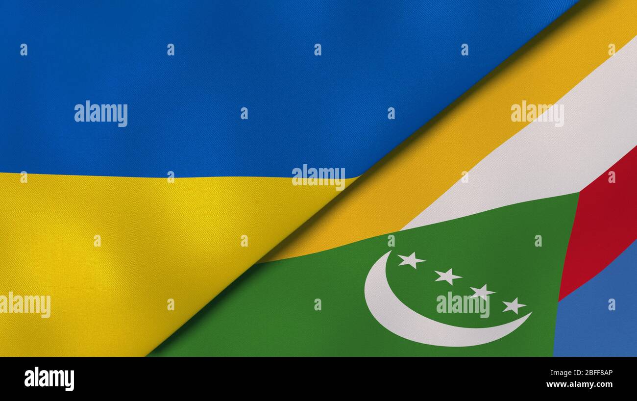 Two states flags of Ukraine and Comoros. High quality business background. 3d illustration Stock Photo