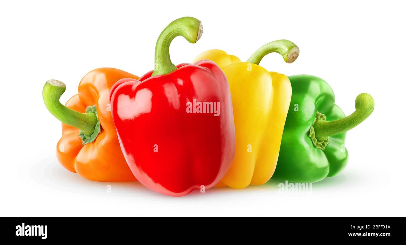 Isolated peppers. Four bell peppers of different colors (red, green