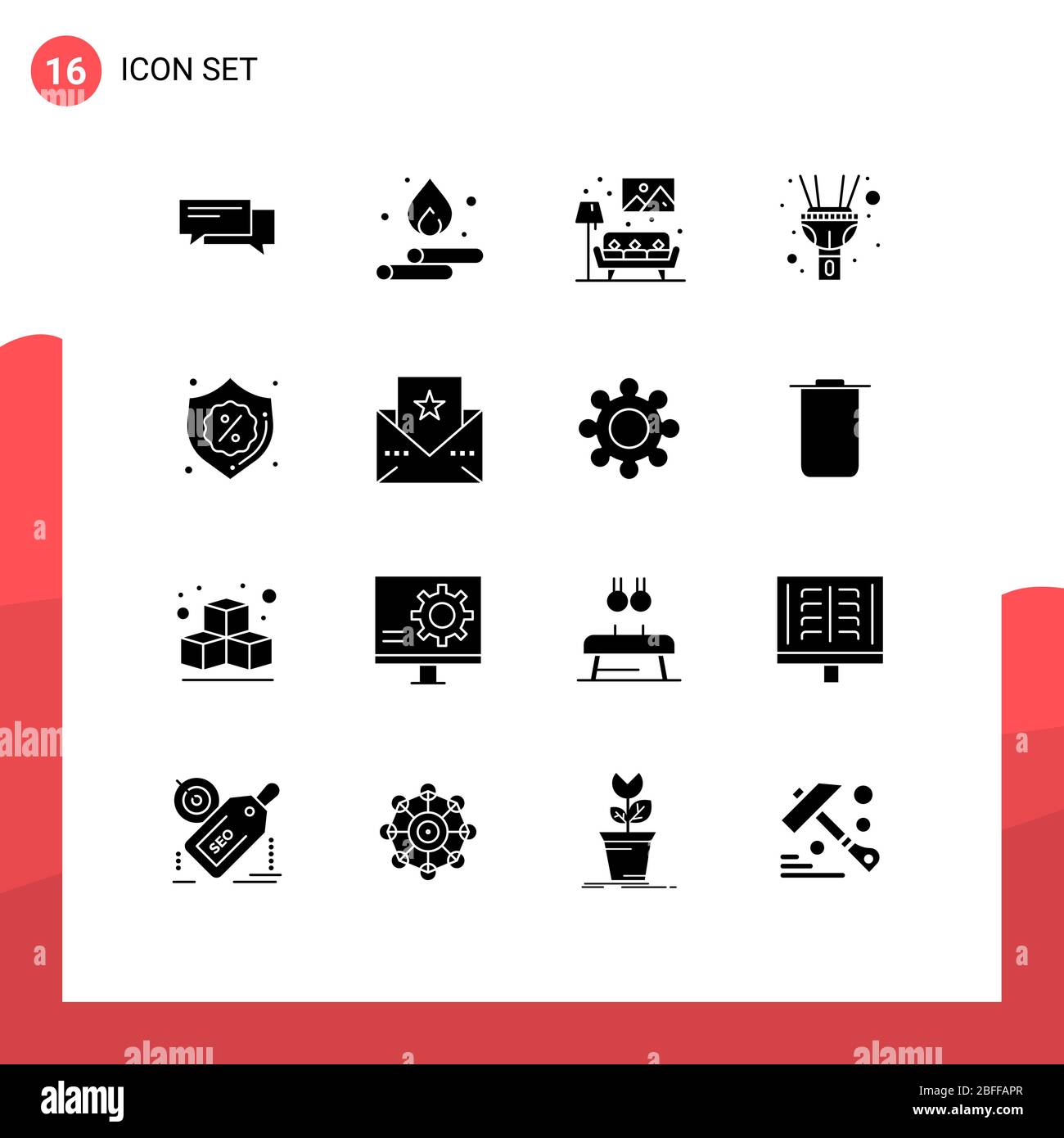 Universal Icon Symbols Group of 16 Modern Solid Glyphs of torch, flash, spring, image, living Editable Vector Design Elements Stock Vector