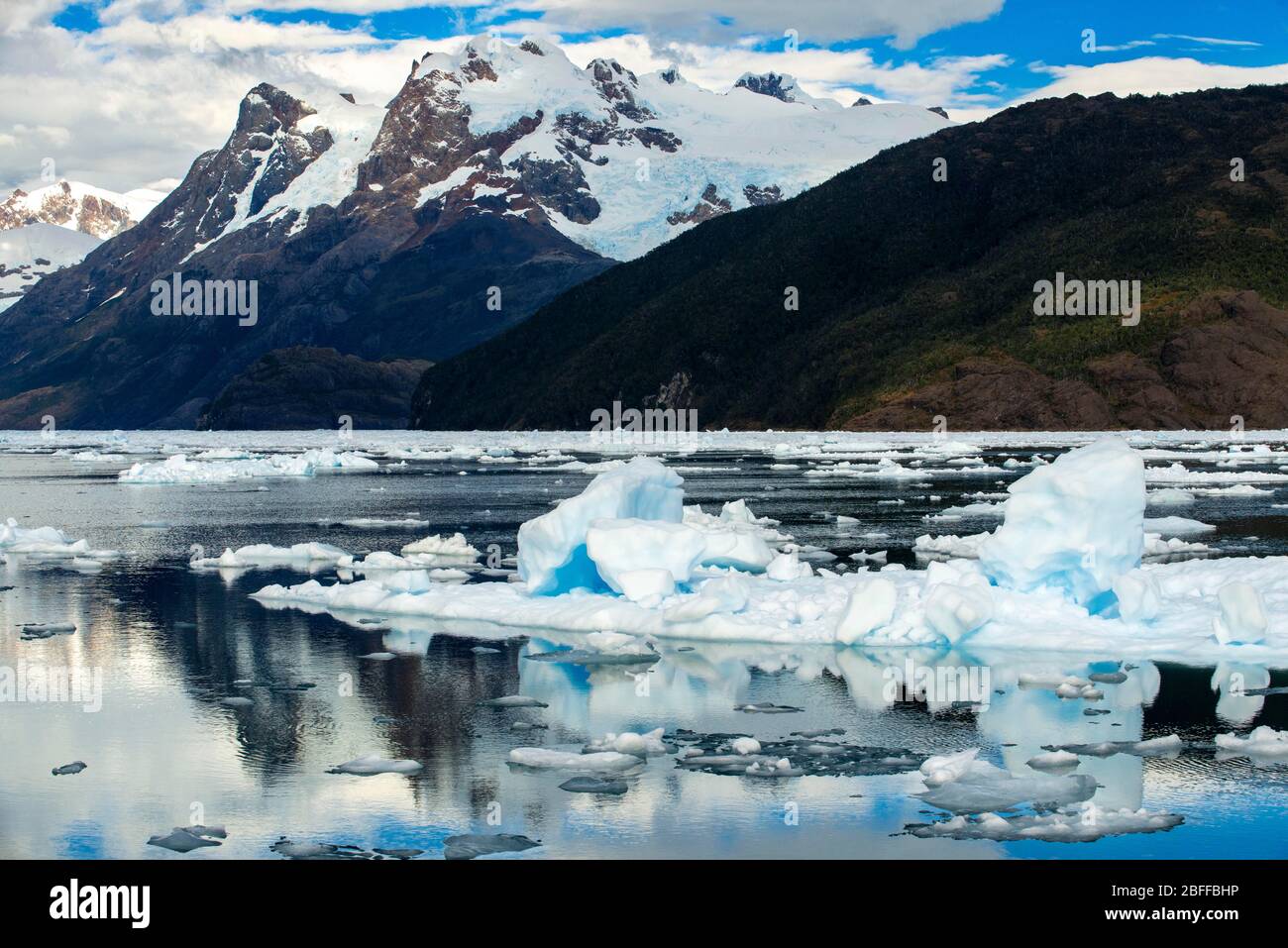 Fjord Calvo On The Edge Of The Sarmiento Channel in Bernardo O'Higgins National Park in Patagonia Chile fjords near Puerto Natales, Chile Stock Photo