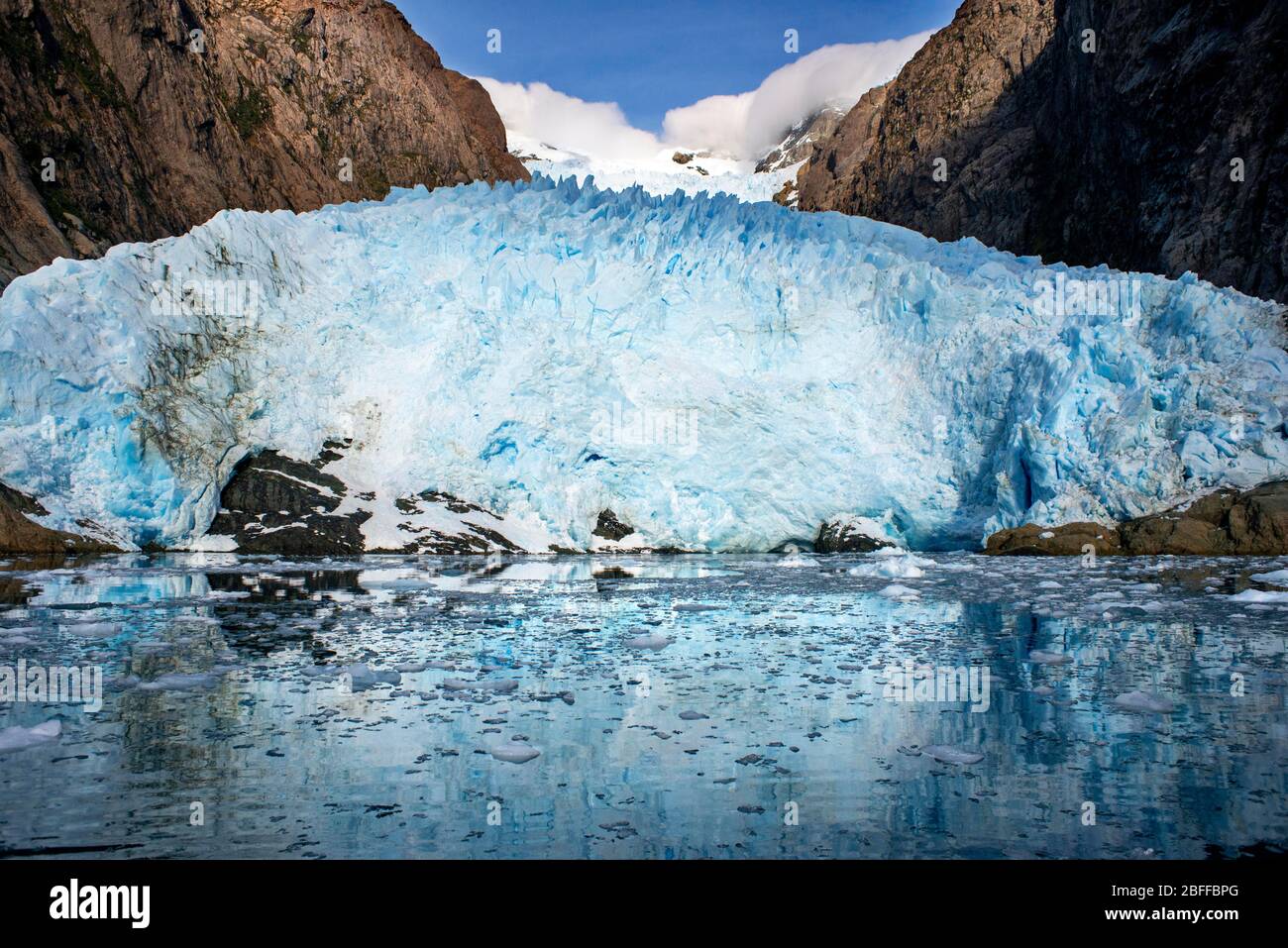 Alsina glacier On The Edge Of The Sarmiento Channel in Bernardo O'Higgins National Park in Patagonia Chile fjords near Puerto Natales, Chile Stock Photo