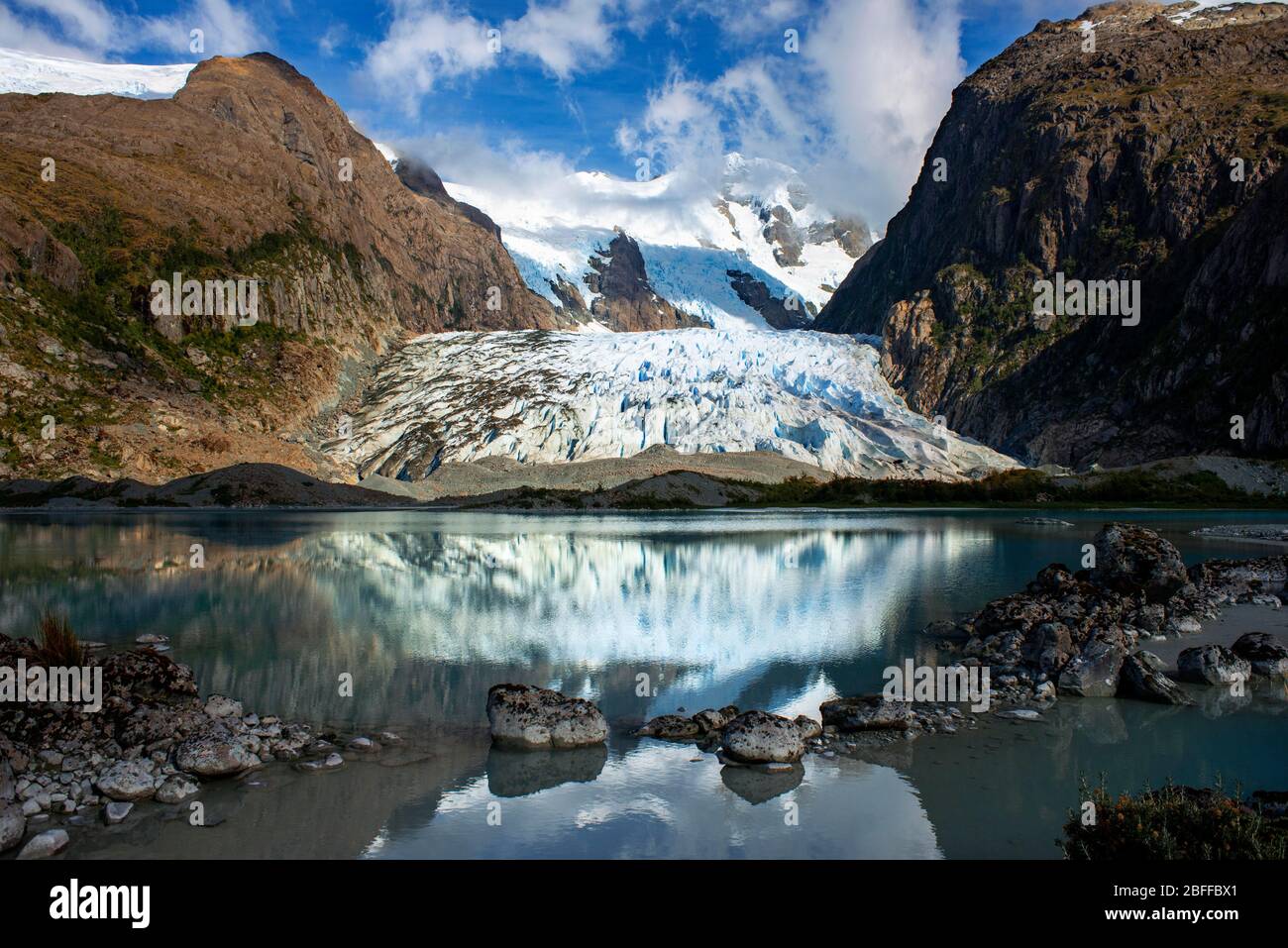 Bernal glacier in the Las montanas fjord On The Edge Of The Sarmiento Channel in Bernardo O'Higgins National Park in Patagonia Chile fjords near Puert Stock Photo