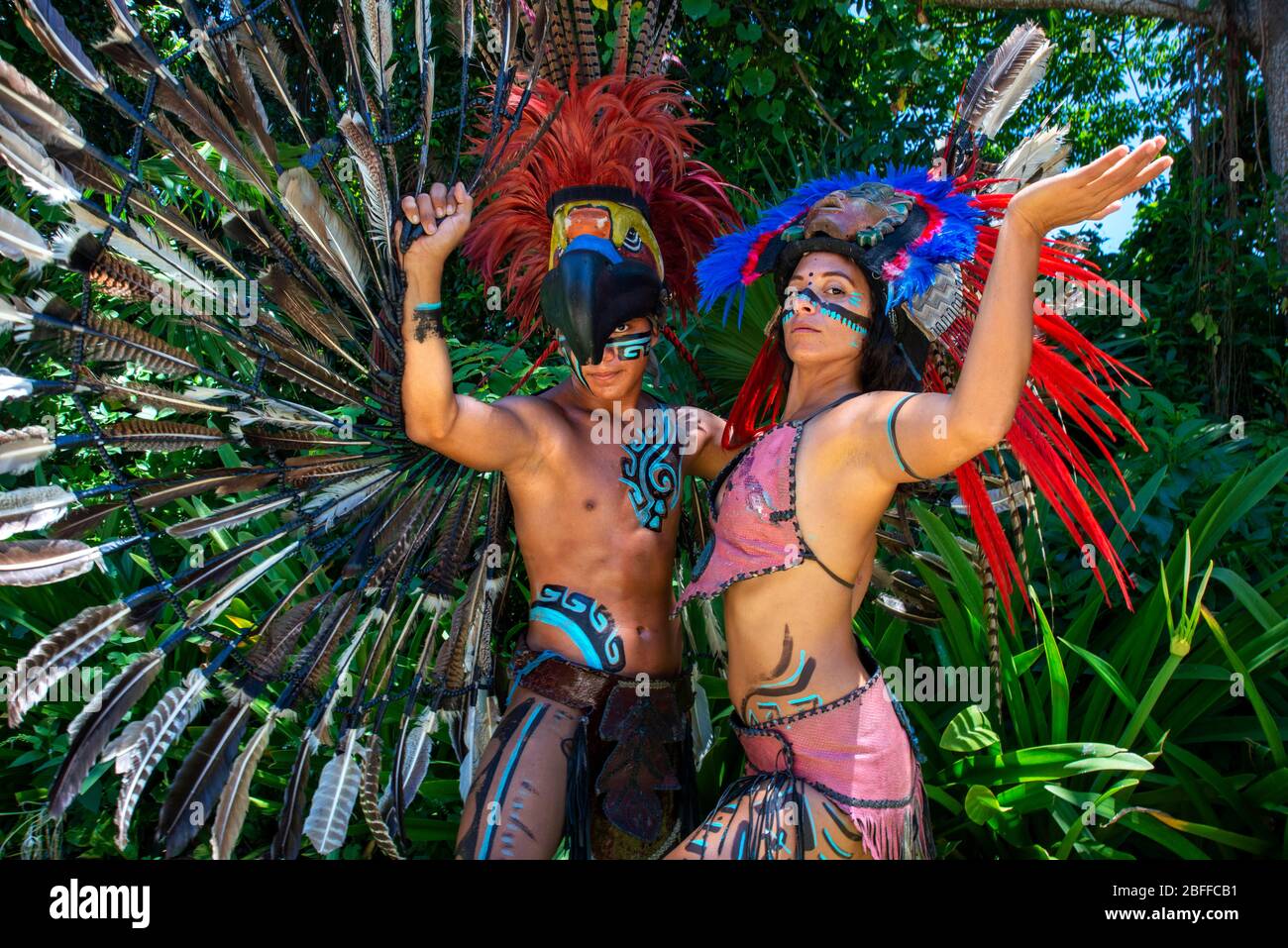 Mexican aztec dress gods at Grand Palladium White Sand Resort and Spa in Riviera Maya, Yucatan Peninsula, Quintana Roo, Caribbean Coast, Mexico.   Azt Stock Photo