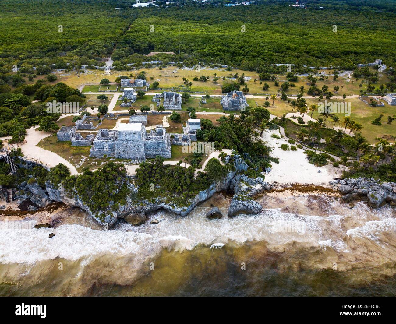 Aerial views of El Castillo and the Ruins of the Mayan temple grounds at Tulum, Quintana Roo, Yucatan, Mexico. Tulum is the site of a pre-Columbian Ma Stock Photo
