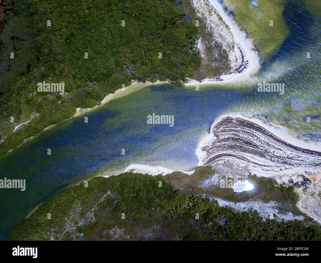 Aerial view of Punta Allen Sian Ka'an Reserve, Yucatan Peninsula, Mexico. Boca Paila Bridge.  In the language of the Mayan peoples who once inhabited Stock Photo