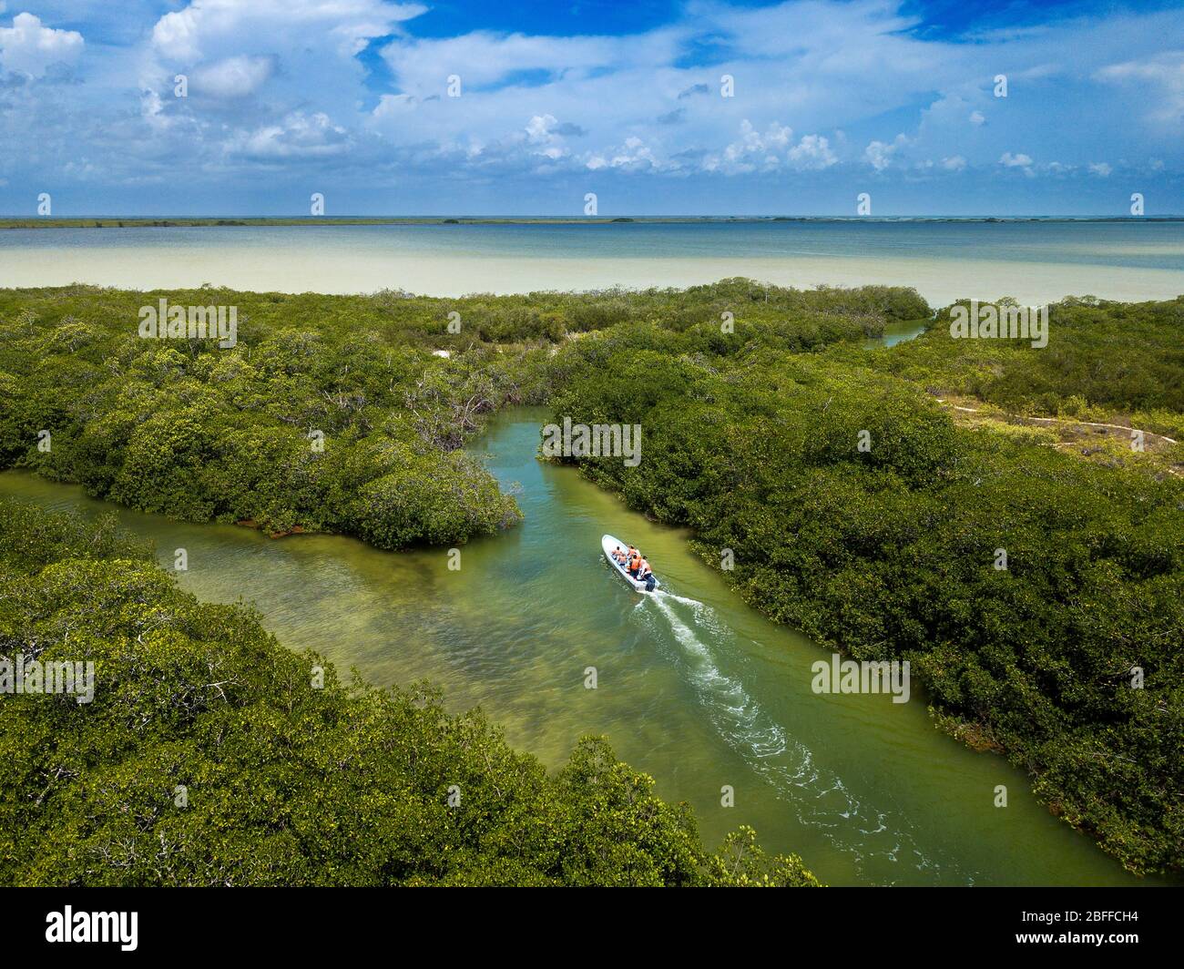 Aerial view of Punta Allen Sian Ka'an Reserve, Yucatan Peninsula, Mexico. Boat excursion in the mangroves  In the language of the Mayan peoples who on Stock Photo