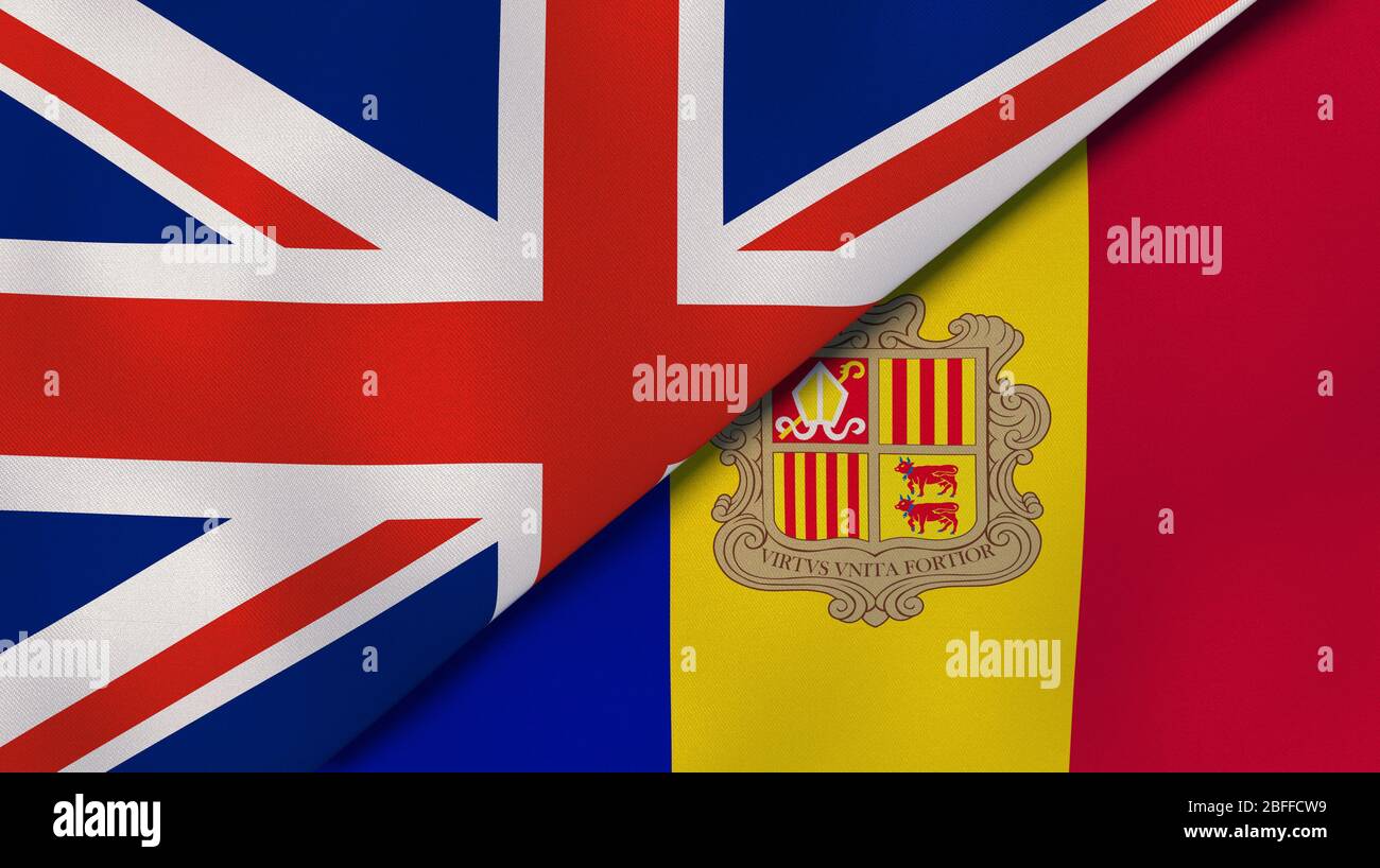 Two states flags of United Kingdom and Andorra. High quality business background. 3d illustration Stock Photo