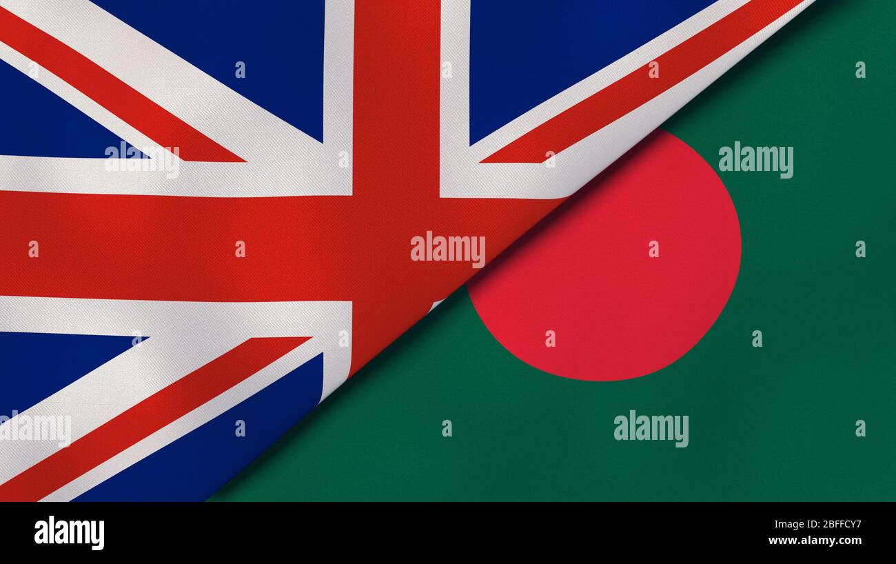 Two states flags of United Kingdom and Bangladesh. High quality business background. 3d illustration Stock Photo