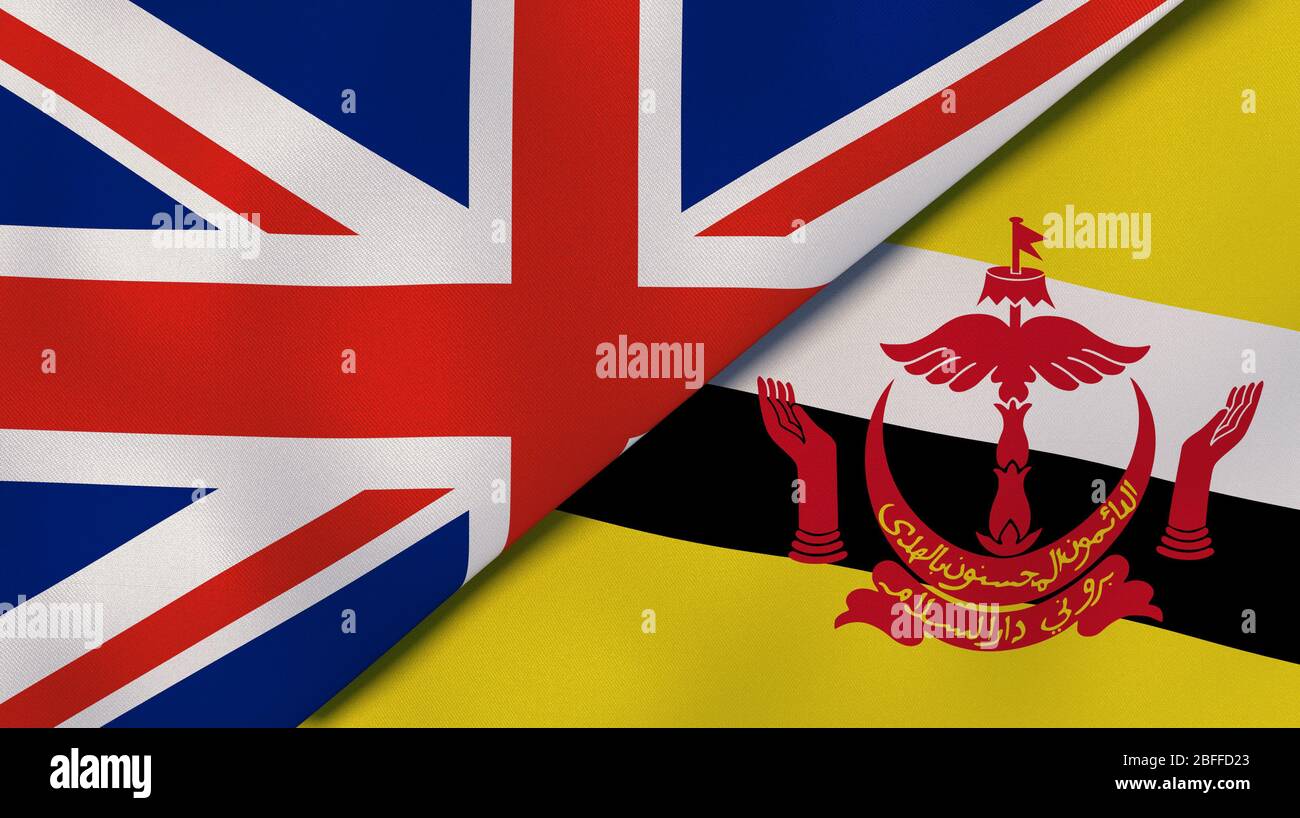 Two states flags of United Kingdom and Brunei. High quality business background. 3d illustration Stock Photo