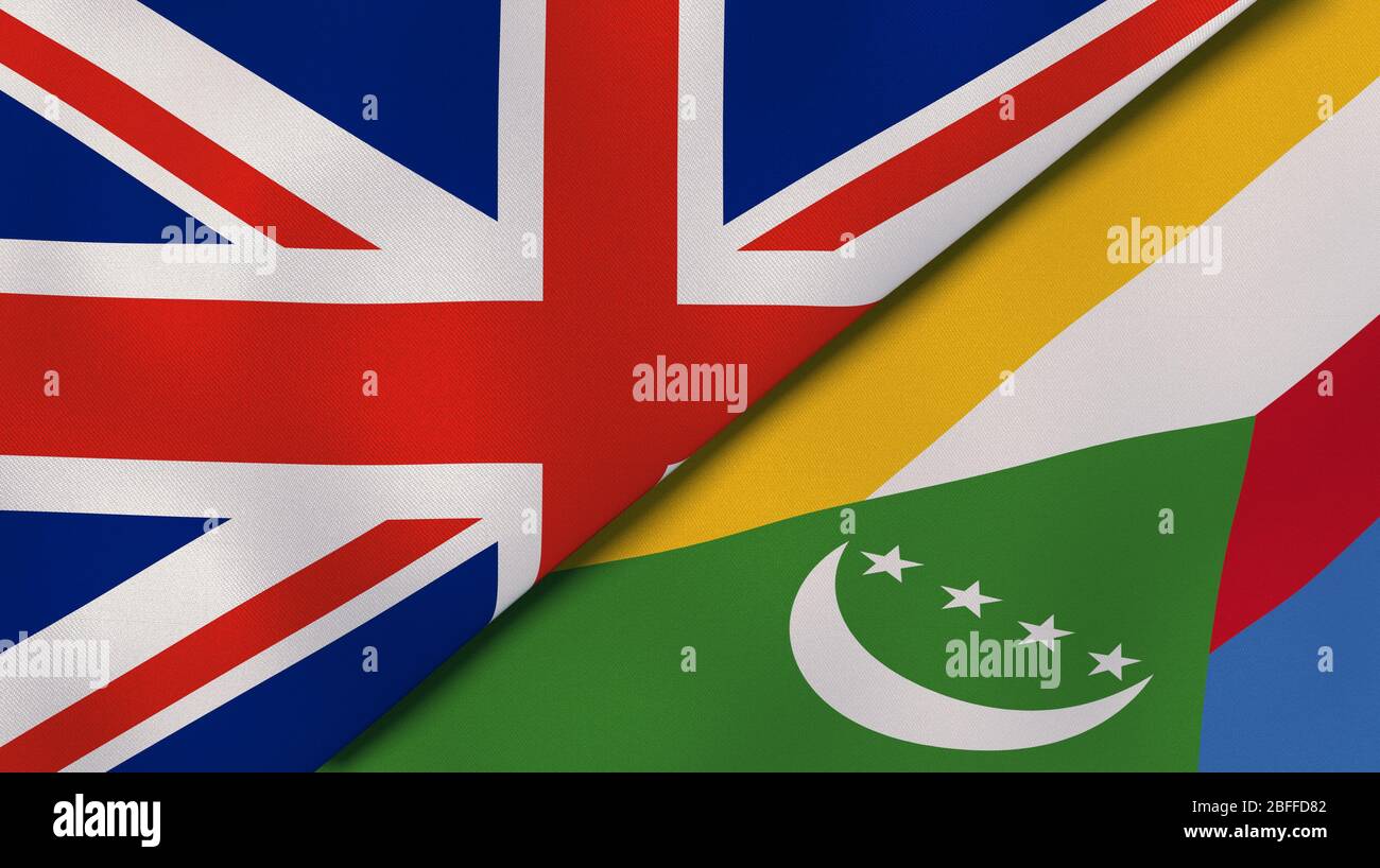 Two states flags of United Kingdom and Comoros. High quality business background. 3d illustration Stock Photo