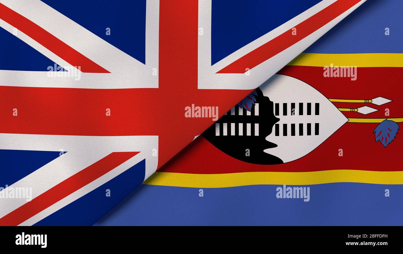 Two states flags of United Kingdom and Eswatini. High quality business background. 3d illustration Stock Photo