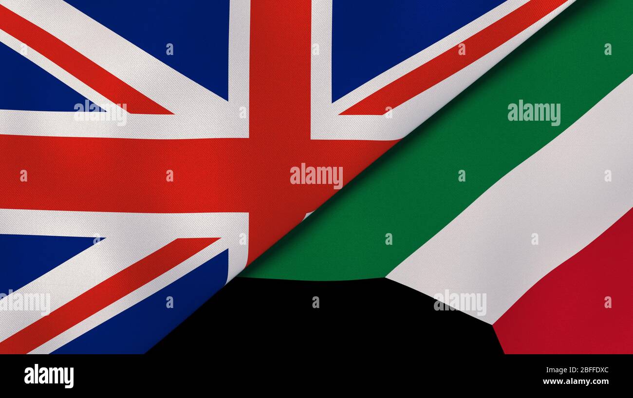 Two states flags of United Kingdom and Kuwait. High quality business background. 3d illustration Stock Photo
