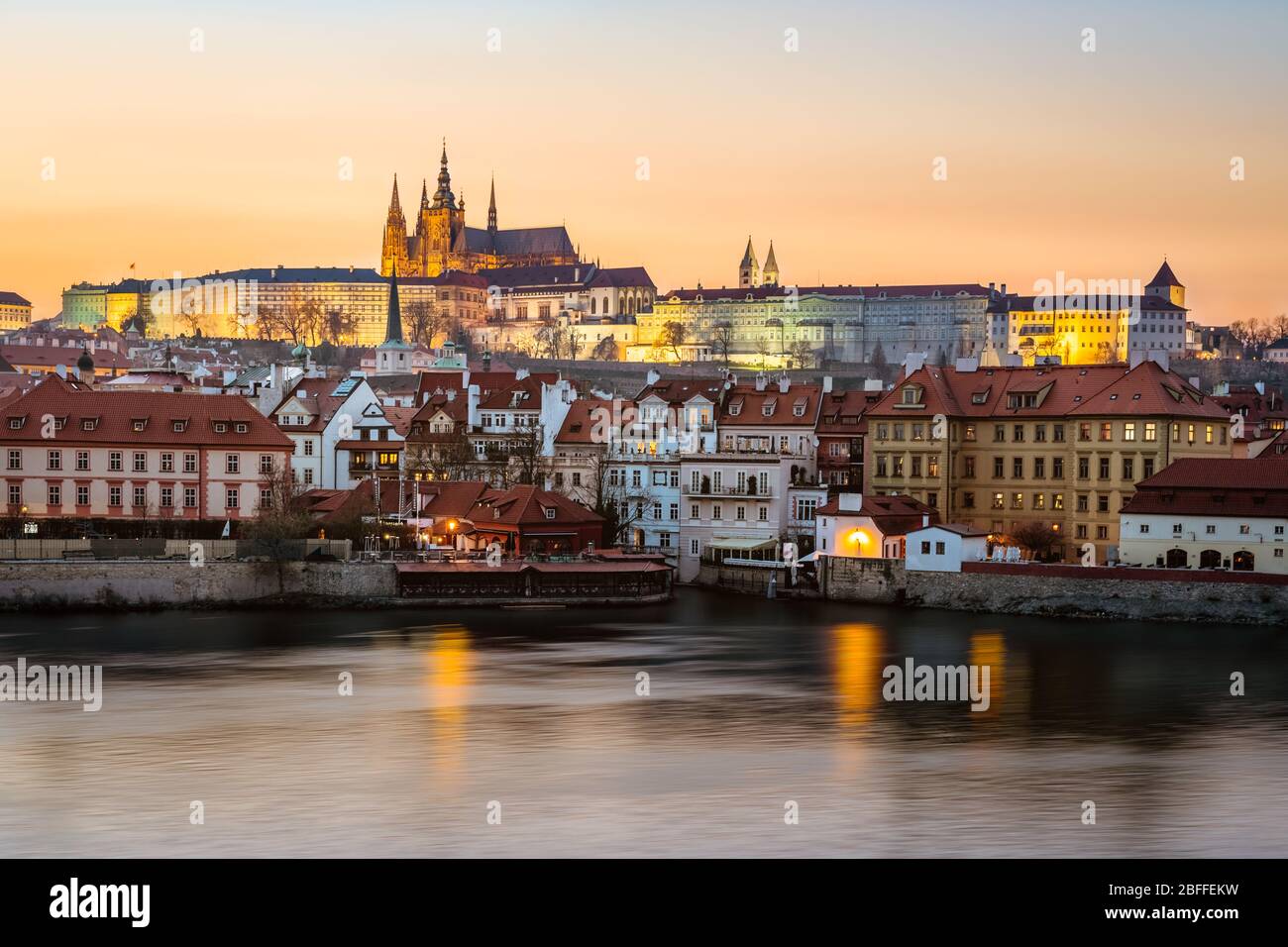 The Prague castle panorama during the golden hour from the Charles bridge, Prague, Czech Republic Stock Photo