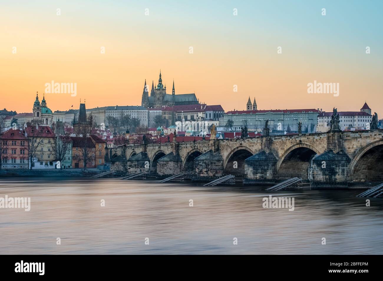 Charles bridge and the Prague castle panorama during the golden hour, Prague, Czech Republic Stock Photo