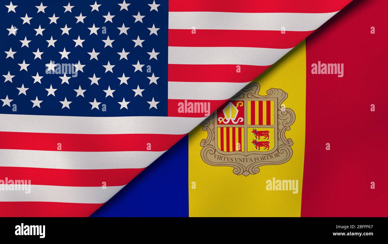 Two states flags of United States and Andorra. High quality business background. 3d illustration Stock Photo