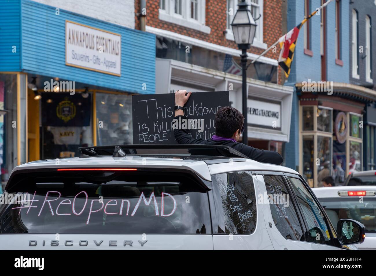 Protesters demanding the opening of Maryland after four weeks of stay at home order by the state Governor. Stock Photo
