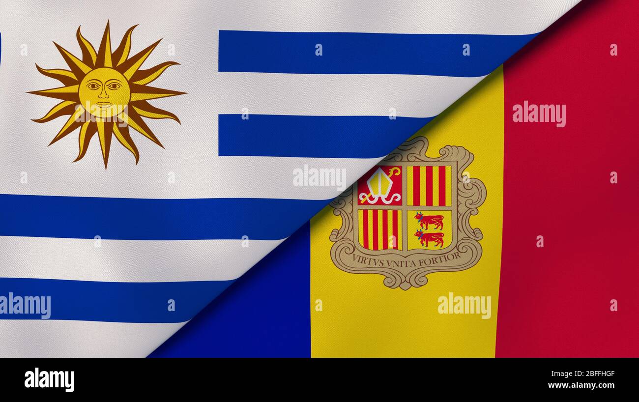 Two states flags of Uruguay and Andorra. High quality business background. 3d illustration Stock Photo