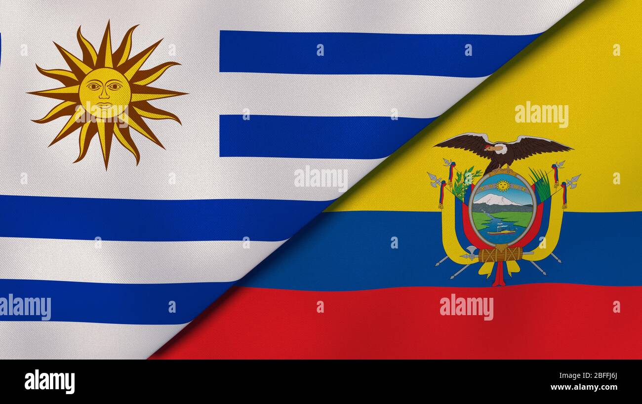 Two states flags of Uruguay and Ecuador. High quality business background. 3d illustration Stock Photo