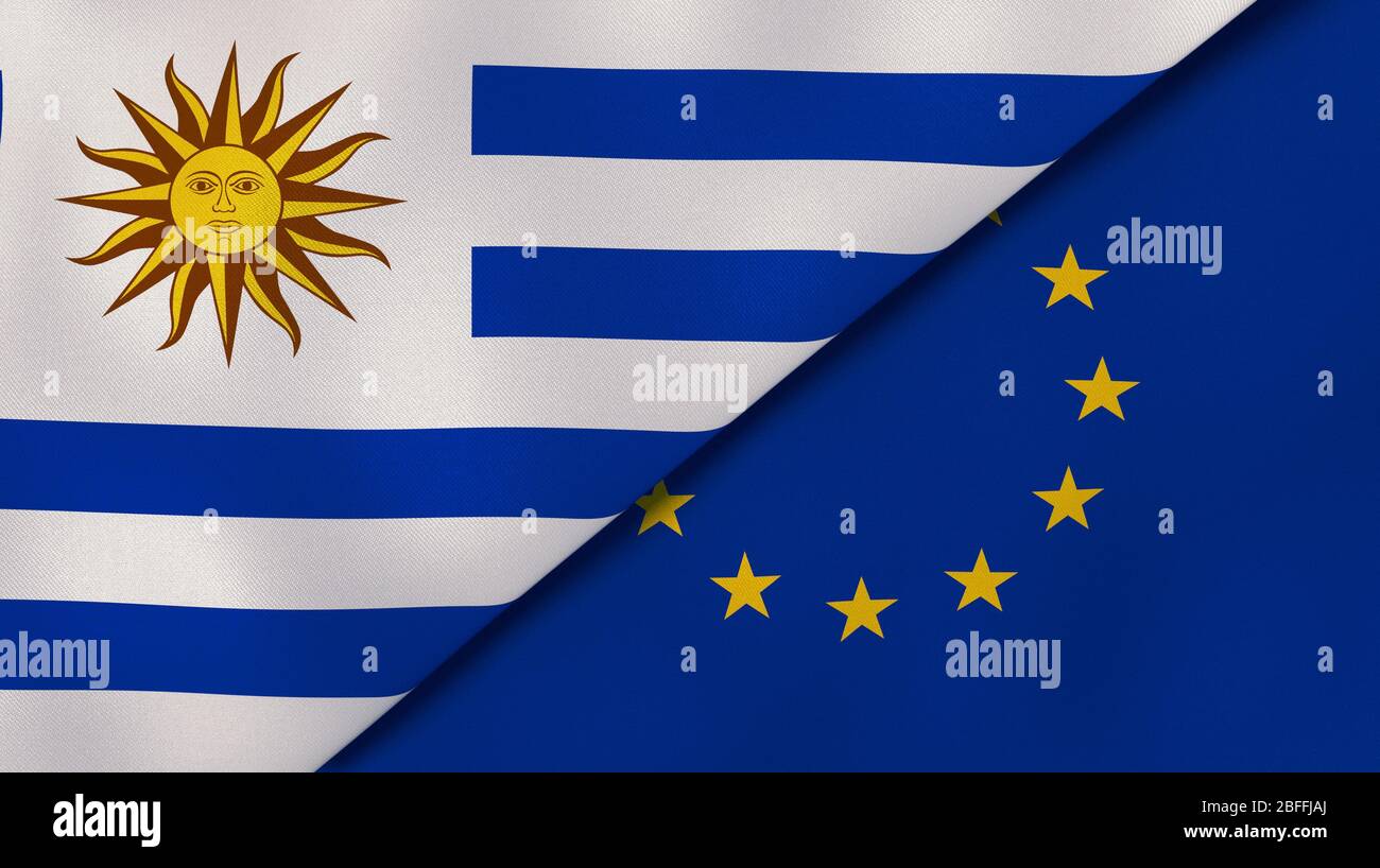 Two states flags of Uruguay and European Union. High quality business background. 3d illustration Stock Photo