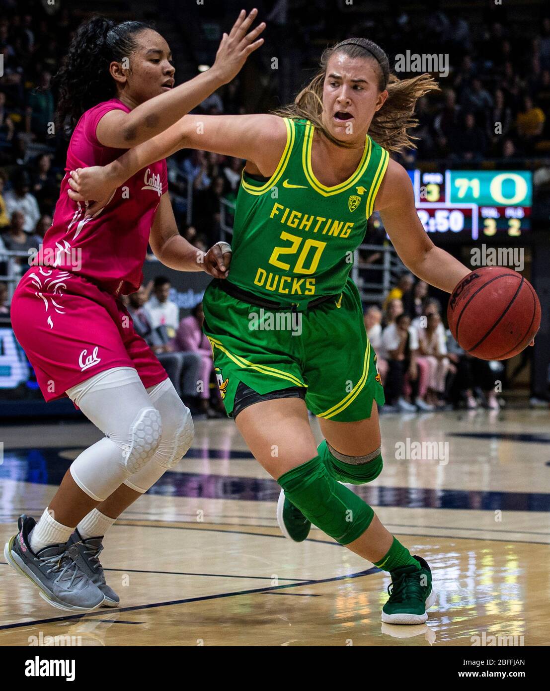 FILE - New York Liberty has select star Oregon Ducks point guard SABRINA IONESCU No. 1 in WNBA draft. PICTURED: February 21, 2020, Berkeley, California, USA: Oregon Ducks guard Sabrina Ionescu (20) drives to the basket during NCAA Women's Basketball action against the California Golden Bears at Hass Pavilion. Stock Photo