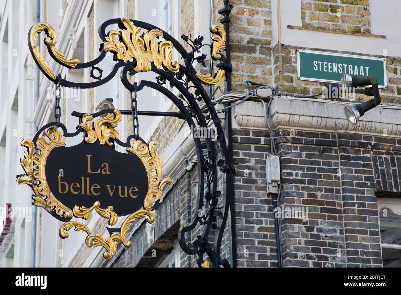 Store sign on Steenstraat,Bruges,West Flanders,Belgium,Europe Stock Photo