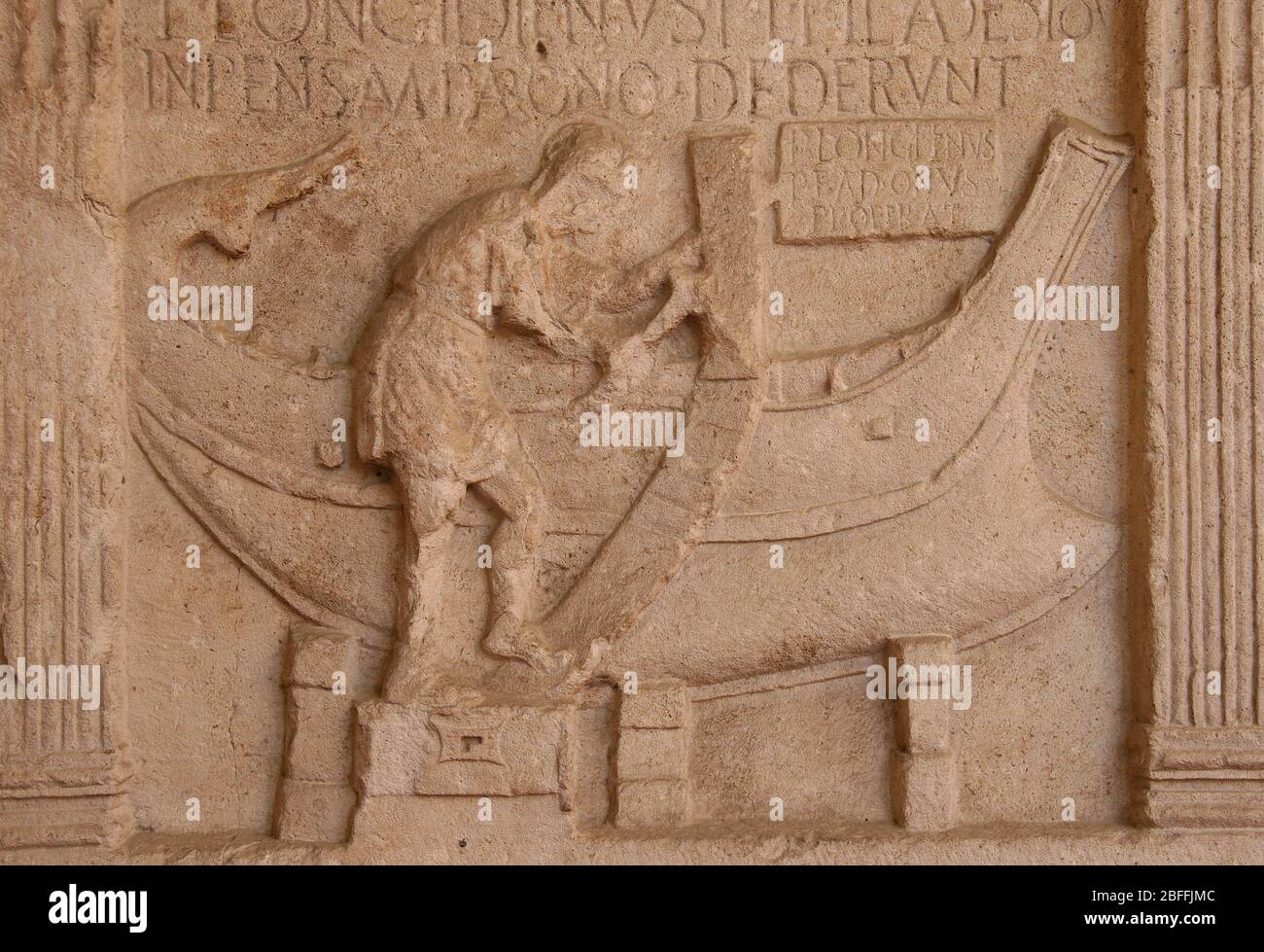 Funerary stele of Publius Longidienus.  Lower register. Scene of shipbuilding. Limestone. 1st century AD. Ravenna. National Museum, Italy. Stock Photo