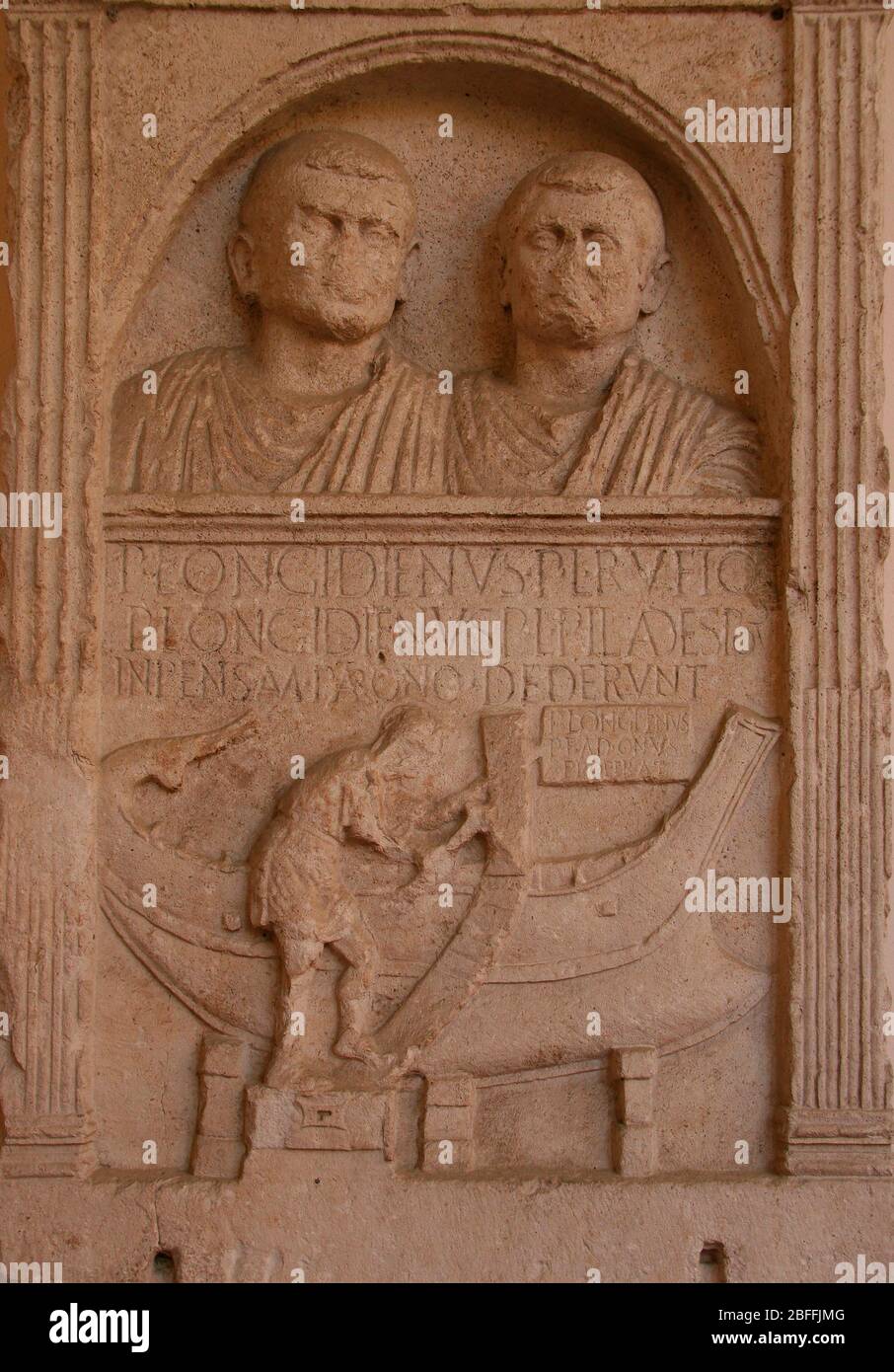 Funerary stele of Publius Longidienus.  Portraits and scene of shipbuilding. Limestone. 1st century AD. Ravenna. National Museum, Italy. Stock Photo